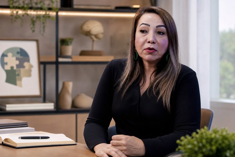 Adriana Borges em consultório moderno, usada como capa sobre ansiedade e padrões inconscientes