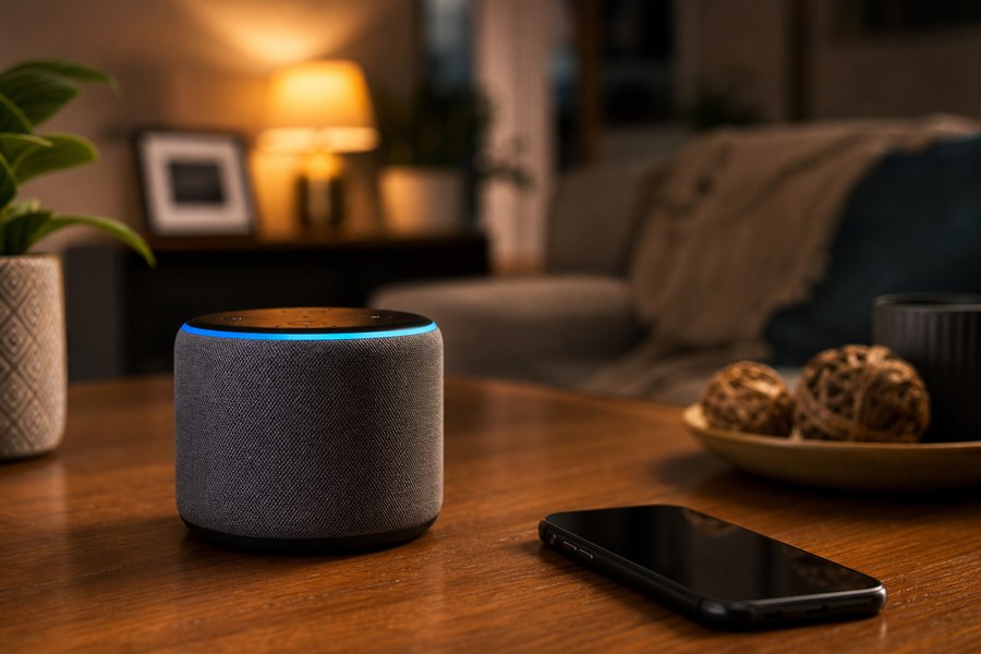 Assistente virtual genérica sobre mesa de sala, usada como capa sobre privacidade e playlist romântica