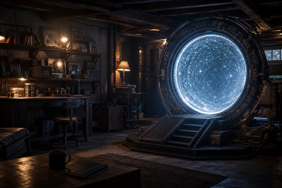 Porão com câmara luminosa de ficção científica, usado como capa da matéria sobre a série Anos Luz