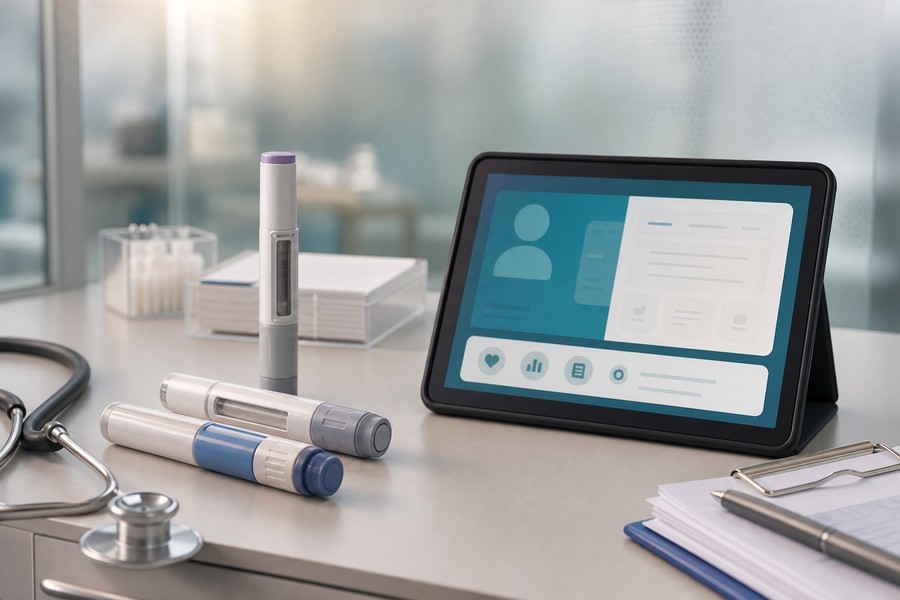 Bancada clínica com canetas genéricas e tablet, usada como capa da matéria sobre plataforma de obesidade proibida pela Anvisa