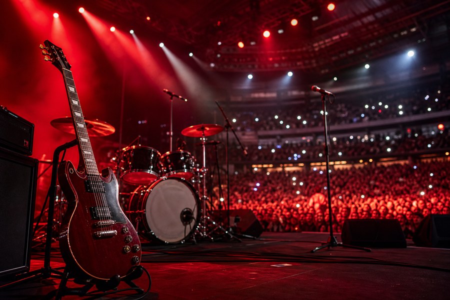 Palco de show de rock em estádio com guitarras e luzes vermelhas, usado como capa sobre Barão Vermelho no Allianz Parque