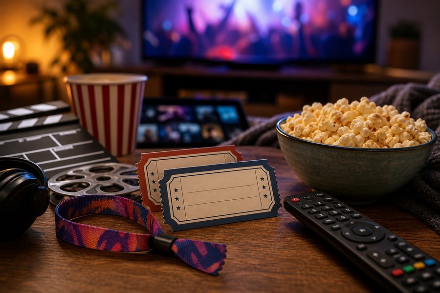 Mesa de sala com pipoca, controle remoto e pulseira genérica de festival
