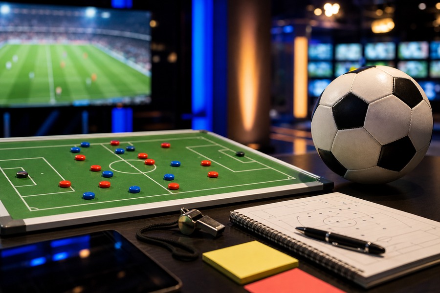 Mesa de análise esportiva com campo tático e bola, usada como capa da matéria do Cabine do VAR