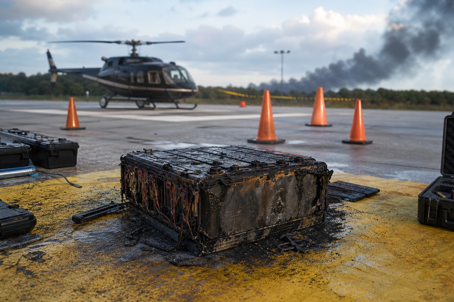 Cena controlada de perícia com helicóptero ao fundo e módulo de bateria isolado, usada como capa sobre riscos de baterias