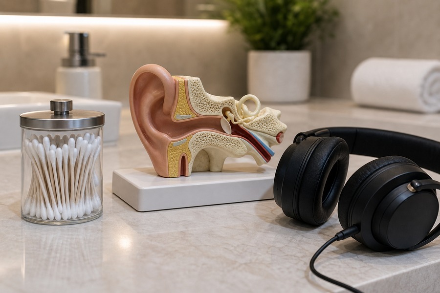 Fones de ouvido e modelo anatômico de ouvido, usados como capa sobre saúde auditiva