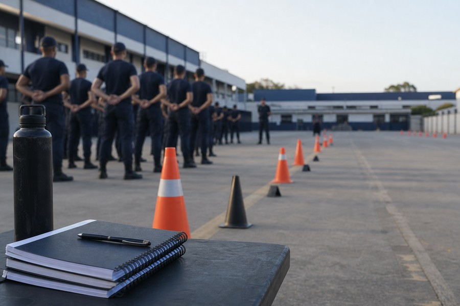 Pátio de formação policial genérico usado como capa da matéria sobre concurso para aluno-soldado da PM