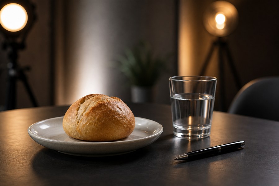 Pão e caneta sobre mesa de estúdio, usados como capa sobre demonstração de hipnose