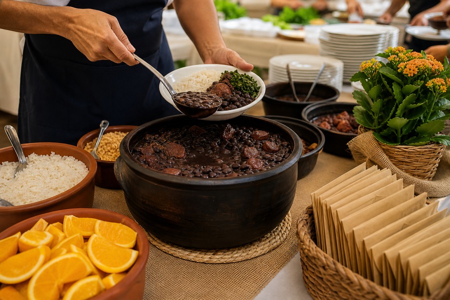 Mesa de feijoada beneficente, usada como capa sobre arrecadação para hospital oncológico infantil