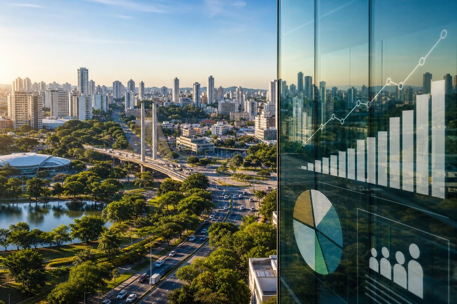 Paisagem urbana com elementos abstratos de indicadores, usada como capa sobre avanço social no Grande ABC