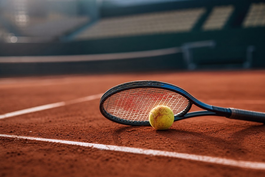 Raquete e bola em quadra de saibro usadas como capa sobre João Fonseca em Roland Garros