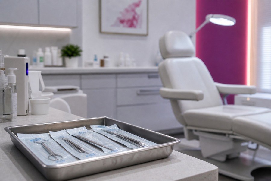 Ambiente de clínica estética vazio com instrumentos neutros, usado como capa da matéria sobre riscos à saúde
