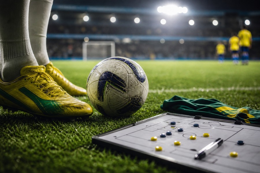 Chuteiras e bola em campo usadas como capa sobre avaliação da seleção após vitória sobre o Panamá