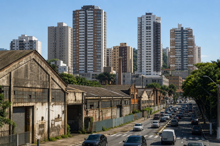 Galpões antigos e prédios altos em área urbana, usados como capa da matéria sobre Plano Diretor de Santo André