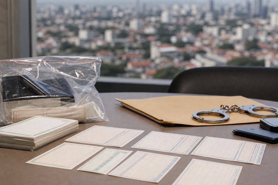 Mesa de evidências com bilhetes e algemas, usada como capa sobre golpe do bilhete premiado